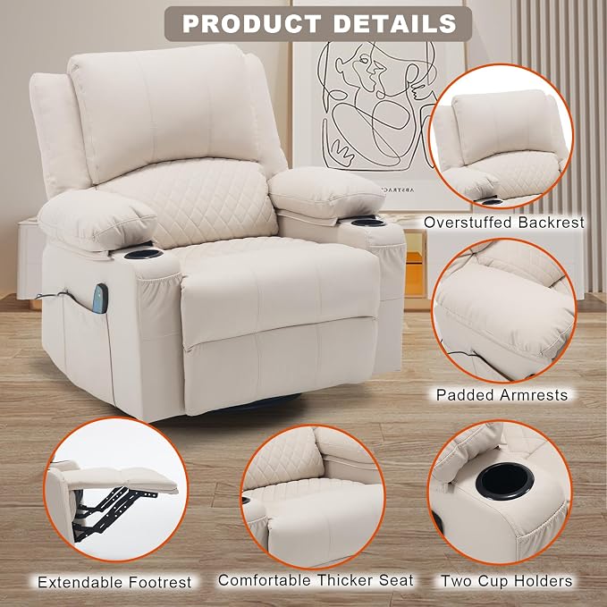 Faux Leather Recliner Chair with Heat and Massage Cup Holder, Overstuffed Swivel Rocker Recliner Chair Rocking Glider Chair for Nursery, Cream White