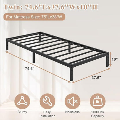 HOBINCHE Twin Bed Frame 10 Inch, Twin Bed Frames No Box Spring Needed | Heavy Duty Metal Platform Mattress Foundation with Steel Slats