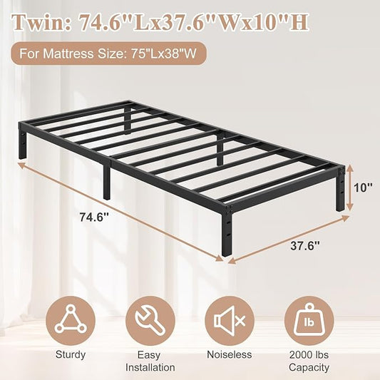 HOBINCHE Twin Bed Frame 10 Inch, Twin Bed Frames No Box Spring Needed | Heavy Duty Metal Platform Mattress Foundation with Steel Slats