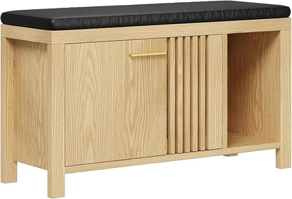 UNIQUITE 40" Shoe Storage Bench with Flip Drawers & Padded Seat Cushion, Open Compartments & Slatted Doors, Entryway Bench with Shoe Storage for Entryway, Hallway, Living Room, Bedroom, Natural