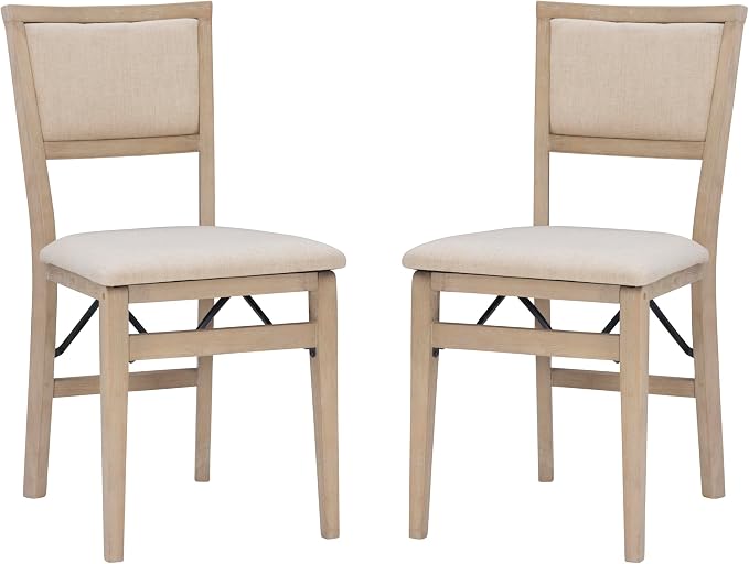 Linon Keira Natural Rustic Wooden Folding Chair with Beige Upholstered Seat and Back Set of 2
