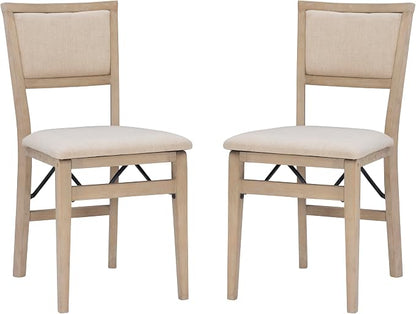 Linon Keira Natural Rustic Wooden Folding Chair with Beige Upholstered Seat and Back Set of 2