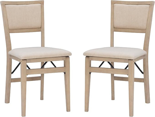 Linon Keira Natural Rustic Wooden Folding Chair with Beige Upholstered Seat and Back Set of 2