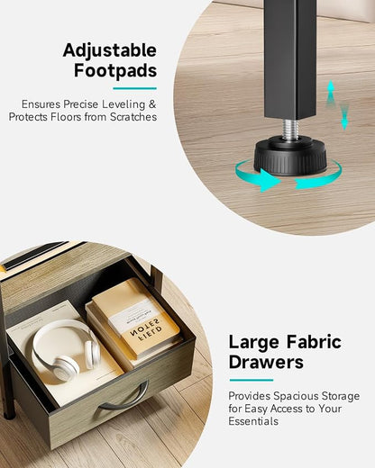 Lazzanto Night Stand Bedside Charger Bedroom - Grey Nightstand with Charging Station & LED Light Strip, Morden End Table with USB Ports & AC Outlets, Night Stand with Storage Shelf & 2 Fabric Drawers