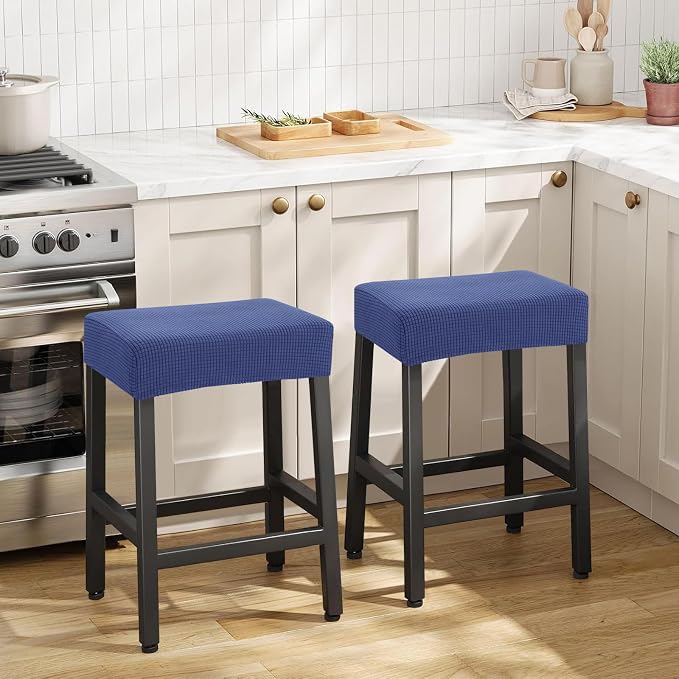 YISUN Stool Covers Rectangle - 2 Pack Stretch Waterproof Saddle Seat Cover Counter Bar Stools Bar Chairs Covers Kitchen Island Chairs Cushion Protector (2, Navy Blue)