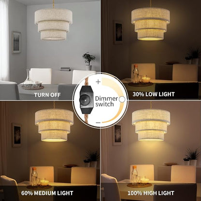 XININSUN 3-Tier Drum Linen Plug in Pendant Light with15ft Hemp Rope Cord E26 Dimmer Switch Hanging Lights Fixture Plug in Chandelier for Kitchen Island Dining Room Entryway Hallway-1Pack
