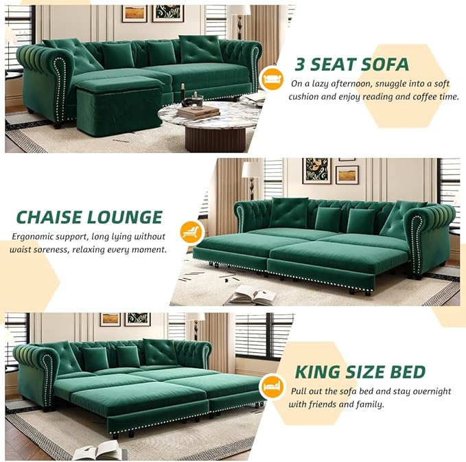 89'' Pull Out Sofa Bed King, Chesterfield Velvet Sleeper Sofa, Convertible L-Shaped Futon Couch, Tufted Back, 4 Pillows, Ottoman, Deep Seat Loveseat Couches for Living Room, Apartment, Green