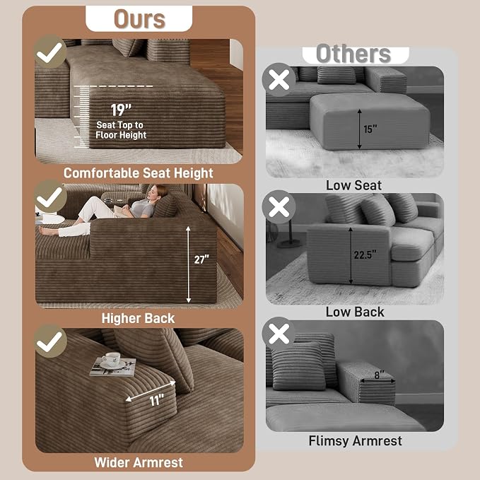 143" Oversized U Shaped Cloud Sectional Couches for Living Room, Comfy Fluffy Corduroy Light Brown Boneless Couch, Large Modular Sectional Sofa Set with Chaise, Cup Holder, USB Port, Storage Console
