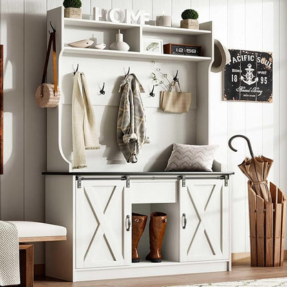 4ever2buy Farmhouse Hall Tree with Bench 5-in-1 Entryway Bench with Coat Rack with Sliding Barn Doors Entryway Coat Rack with Shoe Storage