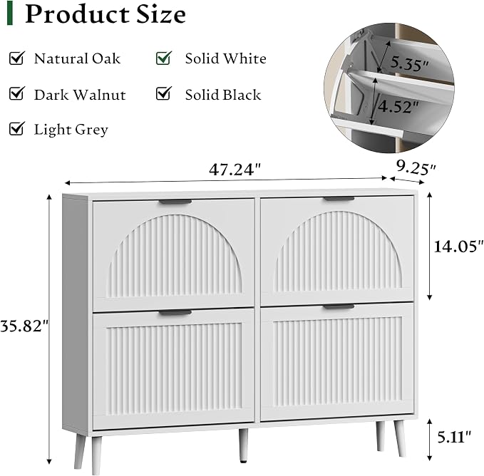 Xixini Shoe Storage Cabinet with 4 Flip Drawers, 36" Tall Narrow Wood Fluted Shoe Organizer for Entryway, Freestanding Wooden Hidden Slim Shoe Rack for Front Door Entrance, Hallway, Foyer, Solid White