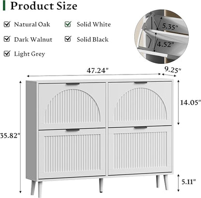 Xixini Shoe Storage Cabinet with 4 Flip Drawers, 36" Tall Narrow Wood Fluted Shoe Organizer for Entryway, Freestanding Wooden Hidden Slim Shoe Rack for Front Door Entrance, Hallway, Foyer, Solid White