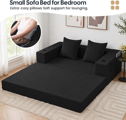 COMAX Futon Sofa Bed, Convertible Sofa Bed, Folding Boneless Couches | Boneless Couch for living room, 4‑in‑1 Fold Out Small Foldable Loveseat Floor Sleeper Mattress Lounge Space‑Saving, Black