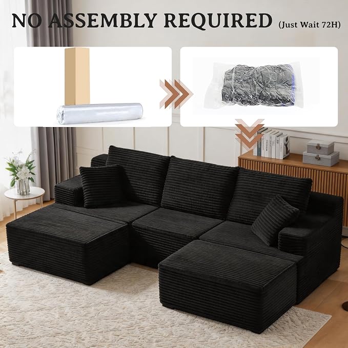 103" Modular Sectional Sofa, Comfort U Shaped Boneless Couch for Living Room, Extra Deep Seats No Assembly, Corduroy (Black, 3 Seater + 2 Ottomans）