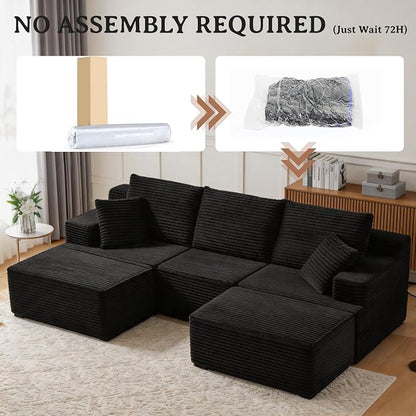 103" Modular Sectional Sofa, Comfort U Shaped Boneless Couch for Living Room, Extra Deep Seats No Assembly, Corduroy (Black, 3 Seater + 2 Ottomans）