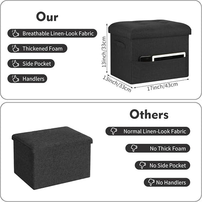 Storage Ottoman Foot Rest with Thicker Foam Padded Seat. Small Bench with Storage. 350 lbs Linen Folding Footstool Bench for Living Room, Bedroom, Home Office. 17x13x13in, Gray Black