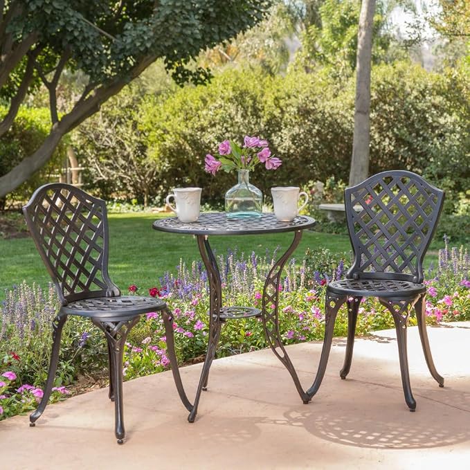 Metal Bistro Set, Bono Outdoor Patio Dining Set Garden Cafe Table and Chair Set for Balcony Porch Backyard Deck Lawn Outdoor Seating