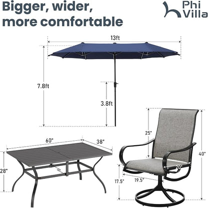 PHI VILLA 8 PCS Patio Dining Set with 13ft Blue Patio Table Umbrella for 6, 1 Rectangle Metal Table and 6 Outdoor Swivel Patio Chairs, Garden Dining Fruniture Set for Lawn Deck(No Umbrella Base)