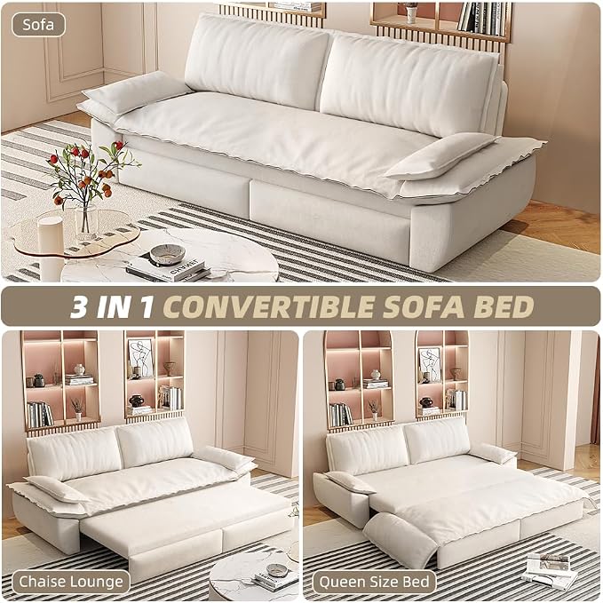 73.2" Sleeper Sofa Bed Queen, 3-in-1 Convertible Couch, Modern Pull Out Couches, Comfy Velvet Futon Sofa, Cloud Loveseat Lounge, Pillow Arm, for Small Spaces, Apartment, Living Room, Beige
