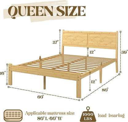Askeld 12 inch Bamboo Queen Bed Frame with Headboard, Light Cottagecore Solid Wood Platform Bed No Box Spring Needed, Easy Assembly, Noise Free