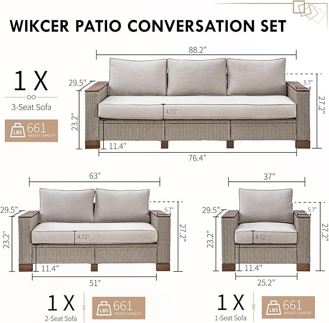 PaPaJet 6-Piece Wicker Patio Furniture Set with Solid Wood Armrest, Outdoor Patio Set with Thick Legs, UV-Resistant Modular Outdoor Sectional Sofa for Backyard, Porch, Garden