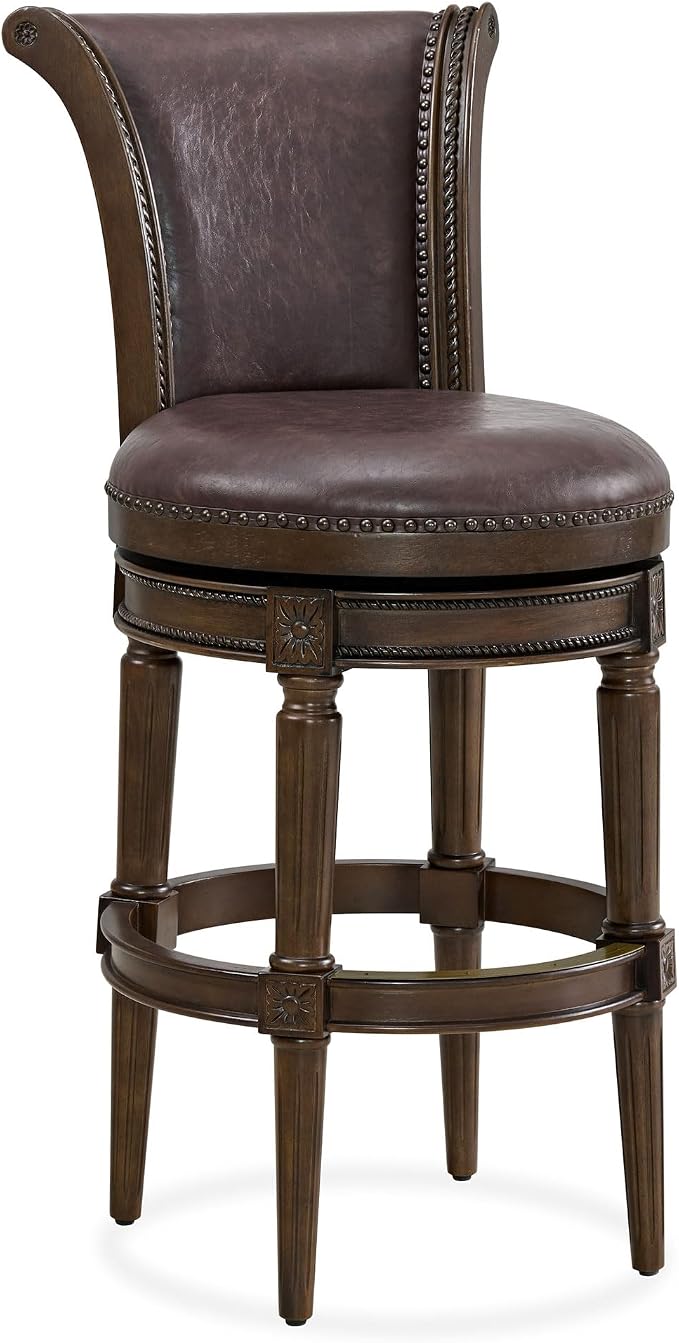 ROME + OAK Runyan 31" Swivel Bar Stool, High Back Barstool in Dark Walnut Finish with Vintage Brown Vegan Leather Seat