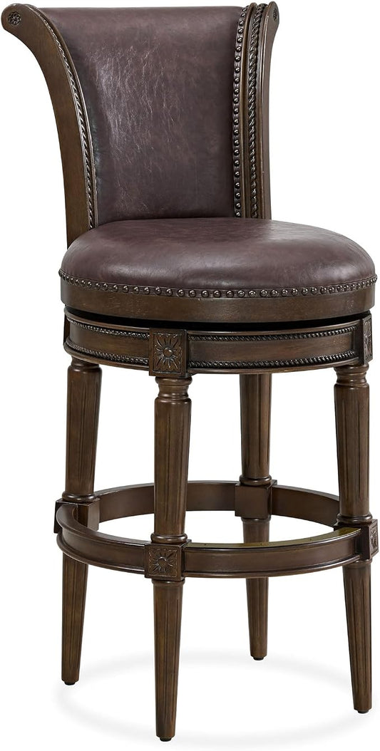 ROME + OAK Runyan 31" Swivel Bar Stool, High Back Barstool in Dark Walnut Finish with Vintage Brown Vegan Leather Seat