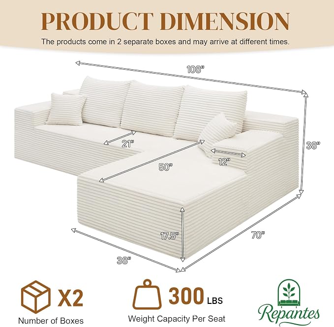 108" L Shaped Boneless Sectional Couches for Living Room, Comfy Corduroy Floor Cloud Sofa with Chaise, Wide Armrest, Deep Seat, Memory Foam, Assembly Free, Ideal for Small Spaces, White