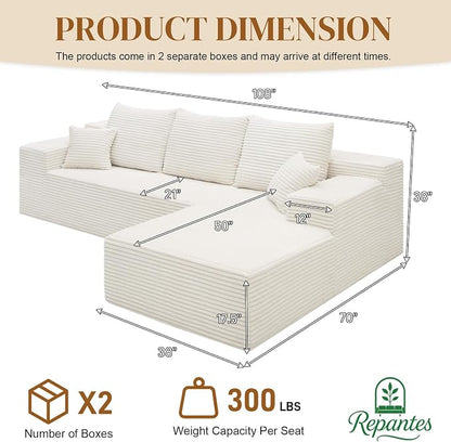 108" L Shaped Boneless Sectional Couches for Living Room, Comfy Corduroy Floor Cloud Sofa with Chaise, Wide Armrest, Deep Seat, Memory Foam, Assembly Free, Ideal for Small Spaces, White