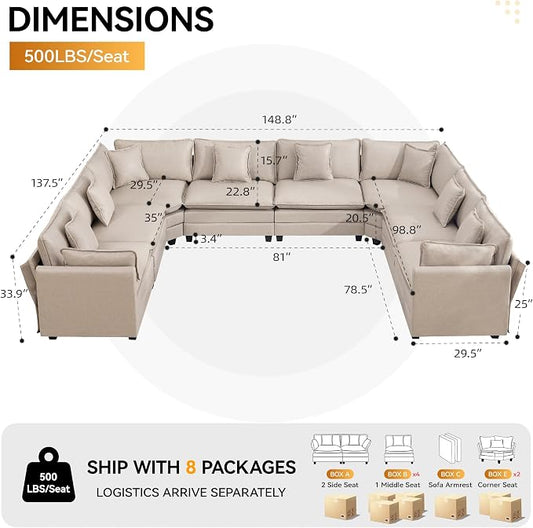 147'' Oversized U Shaped Cloud Sectional Sofa, Leather Deep Seat Couches for Living Room, Comfy Upholstered Modular Sectional Sofa Couch, Leather Beige
