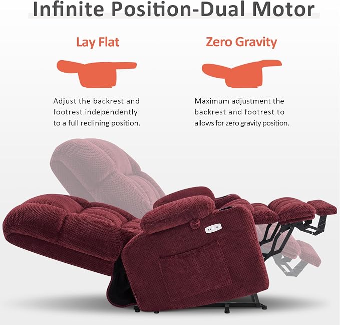 MCombo Oversized Power Lift Recliner Chair for Elderly, Dual Motor Lift Chair with Heat and Massage, Lay Flat Lift Chair for Big and Tall, Cup Holders, Fabric R7891 (Large-Wide, Burgundy)