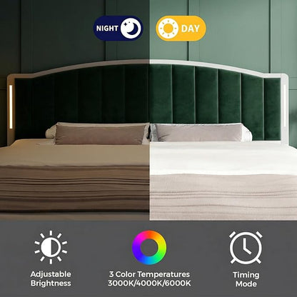 Headboard for Queen Size Bed with LED Lights, Upholstered Vertical Channel Tufting Head Boards, Velvet Headboard Only, Attach Frame, Ideal for Bedroom, Dorm, Guest Room, Green