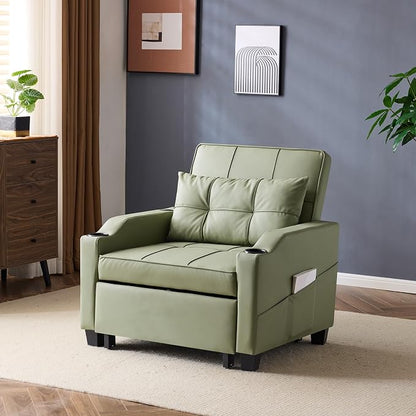 VINGLI Sofa Bed Chair Recliner, 3-in-1 Convertible Sleeper Sofa Chair Bed Green Daybed Pull Out Couch with Adjustable Backrest, USB Ports, Cup Holders for Small Spaces Living Room