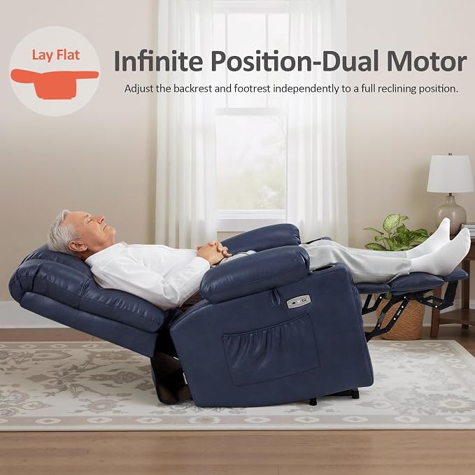 MCombo Dual Motor Power Lift Recliner Chair for Elderly, Lay Flat Lift Chair with Heat and Massage, Cup Holders, USB Ports, Faux Leather 7890 (Blue, Medium)