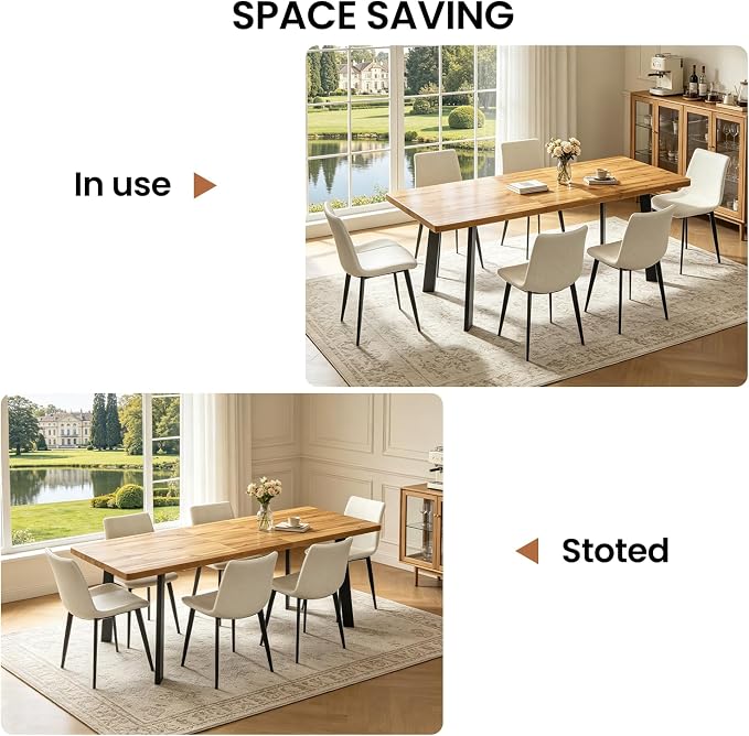 Extendable Dining Table Set for 6 to 8 People, 63" to 78.7" Modern Kitchen Table Set with 6 Leather Chairs, MDF Dining Room Table and Chairs with Removable Extension Leaf (Walnut Table+White Chairs)