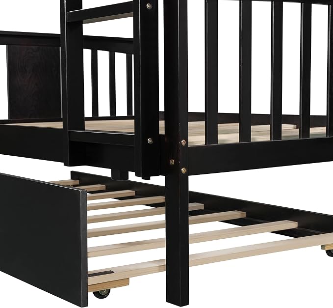 Merax Full-Over-Full Bunk Bed with Twin Trundle, Solid Wood Bunk Bed Frame with Guardrail and Removable Ladder, Can be Separated into 2 Beds, Espresso