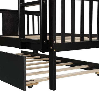 Merax Full-Over-Full Bunk Bed with Twin Trundle, Solid Wood Bunk Bed Frame with Guardrail and Removable Ladder, Can be Separated into 2 Beds, Espresso