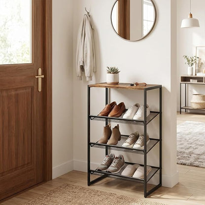 Shoe Rack for Entryway,4 Tier Shoe Shelf，Sturdy Shoe Storage Organizer,Boot Rack with a Fine Mesh Shelves，for Living Room, Hallway，Small Space,11.8 x 16.5 x 27.9 Inches,Brown