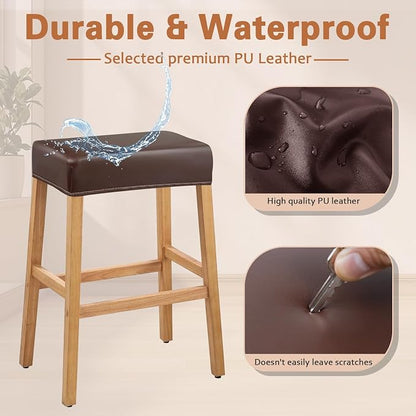 PU Leather Bar Stool Covers Rectangular, 100% Waterproof Stool Covers Rectangle Super Stretch 20% Thicker Leather Saddle Stools Cover Rectangular Counter Bar Stools with Elastic Band (4 PCS, Coffee)