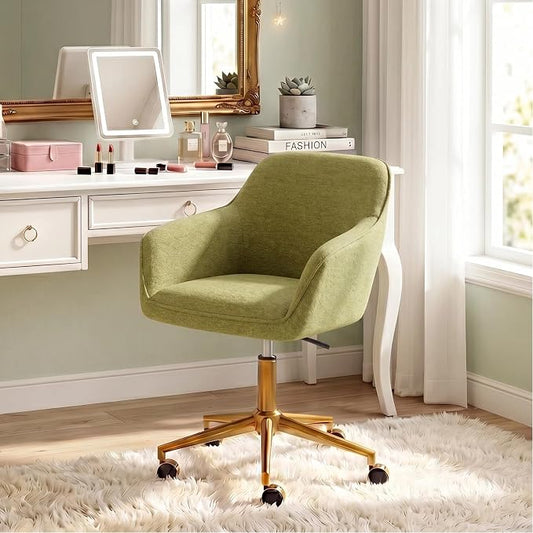 Zesthouse Vanity Chair with Wheels for Girl Women, Swivel Office Desk Chair | Green Chenille Rolling Office Chair with Arms & Gold Base, Upholstered Fabric Desk Chair for Bedroom, Height Adjustable Chair