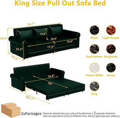 93.7" King Pull Out Sofa Bed, Faux Leather Sleeper Sofa Couch, 3 in 1 Convertible Futon Couches for Living Room, Small Space, Apartment, Office, Bedroom, Modern Rivet Armrest, Green