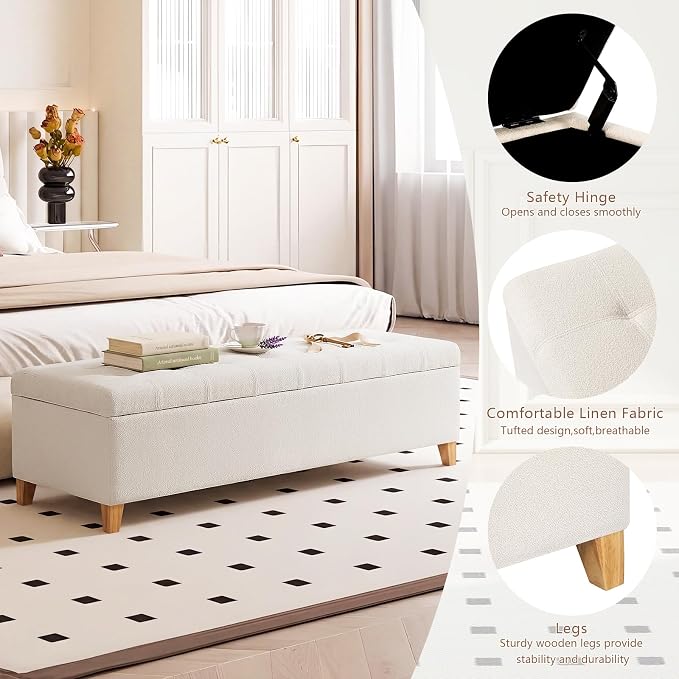 Joveco Storage Ottoman Bench, 51" Linen Rectangle Long Bench, for Bedroom, End Foot of Bed, Living Room, Entryway, Beige