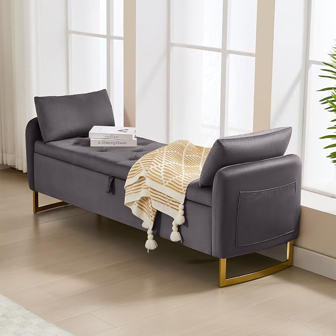 65" End of Bed Storage Bench, Modern Storage Benches for Foot with Tufted Button and Gold Legs, Upholstered Window Bedroom Benches with Armrests, Dark Grey
