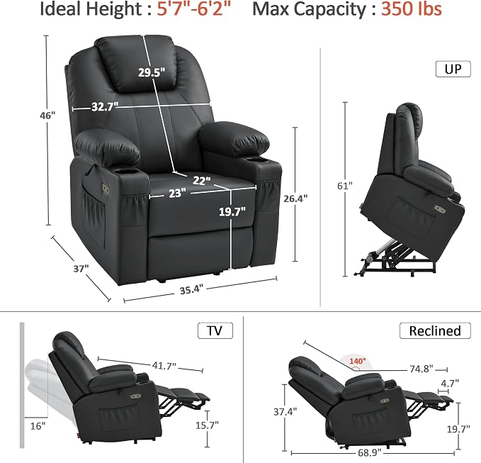 MCombo Large Power Lift Recliner Chair with Massage and Heat for Tall Elderly People, 3 Positions, Cup Holders, and USB Ports, Faux Leather 7516 (Large, Black)