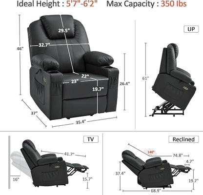 MCombo Large Power Lift Recliner Chair with Massage and Heat for Tall Elderly People, 3 Positions, Cup Holders, and USB Ports, Faux Leather 7516 (Large, Black)