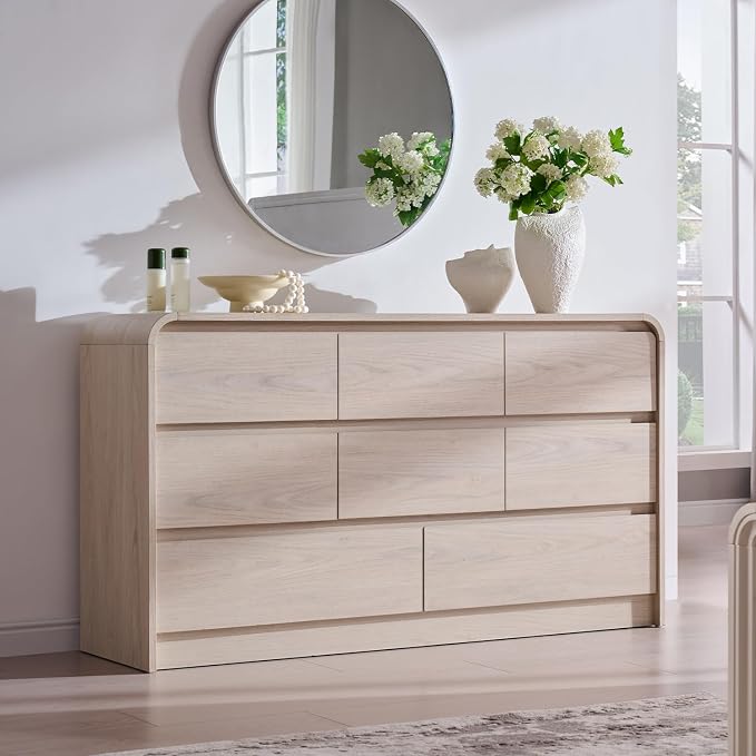 Aitjunz Modern 8 Drawers Dresser for Bedroom, 55" Wide Wood Dressers, Cream | Wooden Dressers & Chest of Drawers with Curved Profile Design, Mid Century Storage Dressers Organizer with Handleless Design