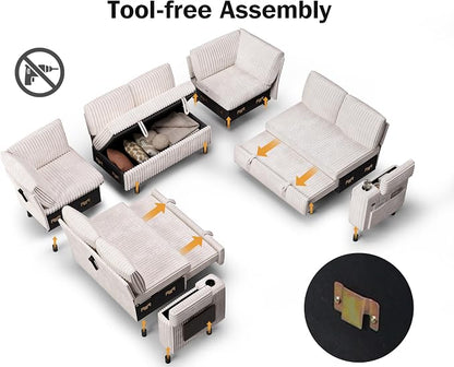 WEUP 111" Modular Sectional Sleeper Sofa with Pull Out Bed, 8 Seat Plush Corduroy U Shaped Couch with USB Ports|Cup Holders|Side Table|Storage Chaise Armrests Tool Free Assembly, Beige