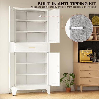 COFaR 71" Tall Pantry Cabinet with Drawer, White Storage Cabinet with Adjustable Shelves, 3-Section Freestanding Cupboard for Kitchen Organization