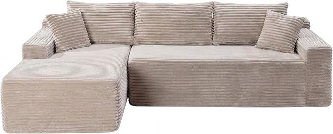 95" L-Shaped Left Facing Cloud Sectional Couch for Living Room, Modular Compressed Boneless Sectional Sofa Corduroy Boneless Corner Foam Sofa W/Chaise Lounge and Pillows