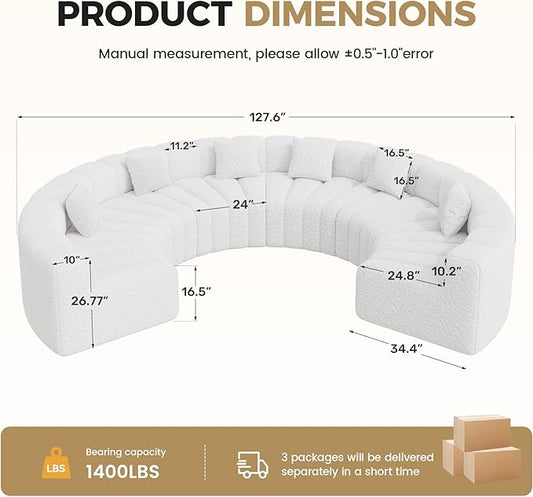 Oversized Curved Sofas, 6 Seater Boneless Velvet Cloud Couch, Modern Modular Sectional Couches for Living Room, No Assembly Required, White 1PC