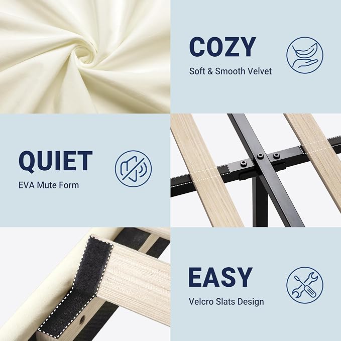 Allewie Queen Platform Bed Frame with Adjustable Headboard, Plush Velvet Upholstered, Vertical Channel Tufted, Sturdy Wooden Slats, No Box Spring Needed, Easy Assembly, Cream